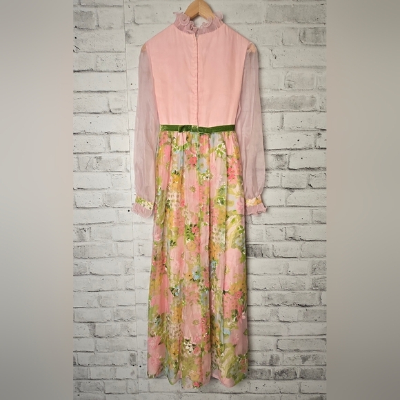Vintage 60s Sylvia Ann Floral Maxi Dress – Sheer Sleeves & Velvet Trim XS - Picture 3 of 16